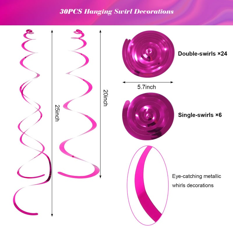 Fumwase 30 PCS Party Swirl Decorations Hot Pink Shinny Foil Hanging Swirl Decorations with Double-swirls and Single-swirls Plastic Streamer for Ceiling Plastic Metallic Streamer for Party Decorations - Image 2
